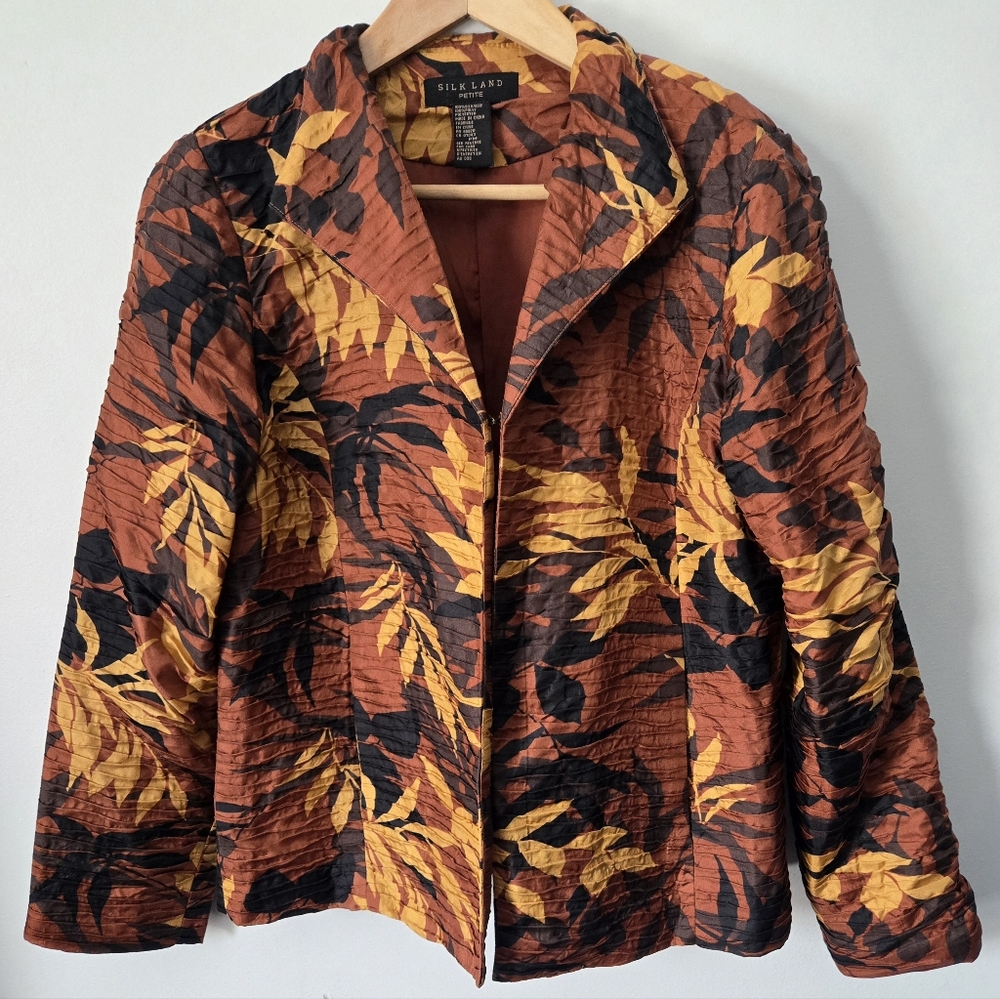 SILK LAND Women's Brown and Yellow Leaves Print Silk Blazer Jacket
